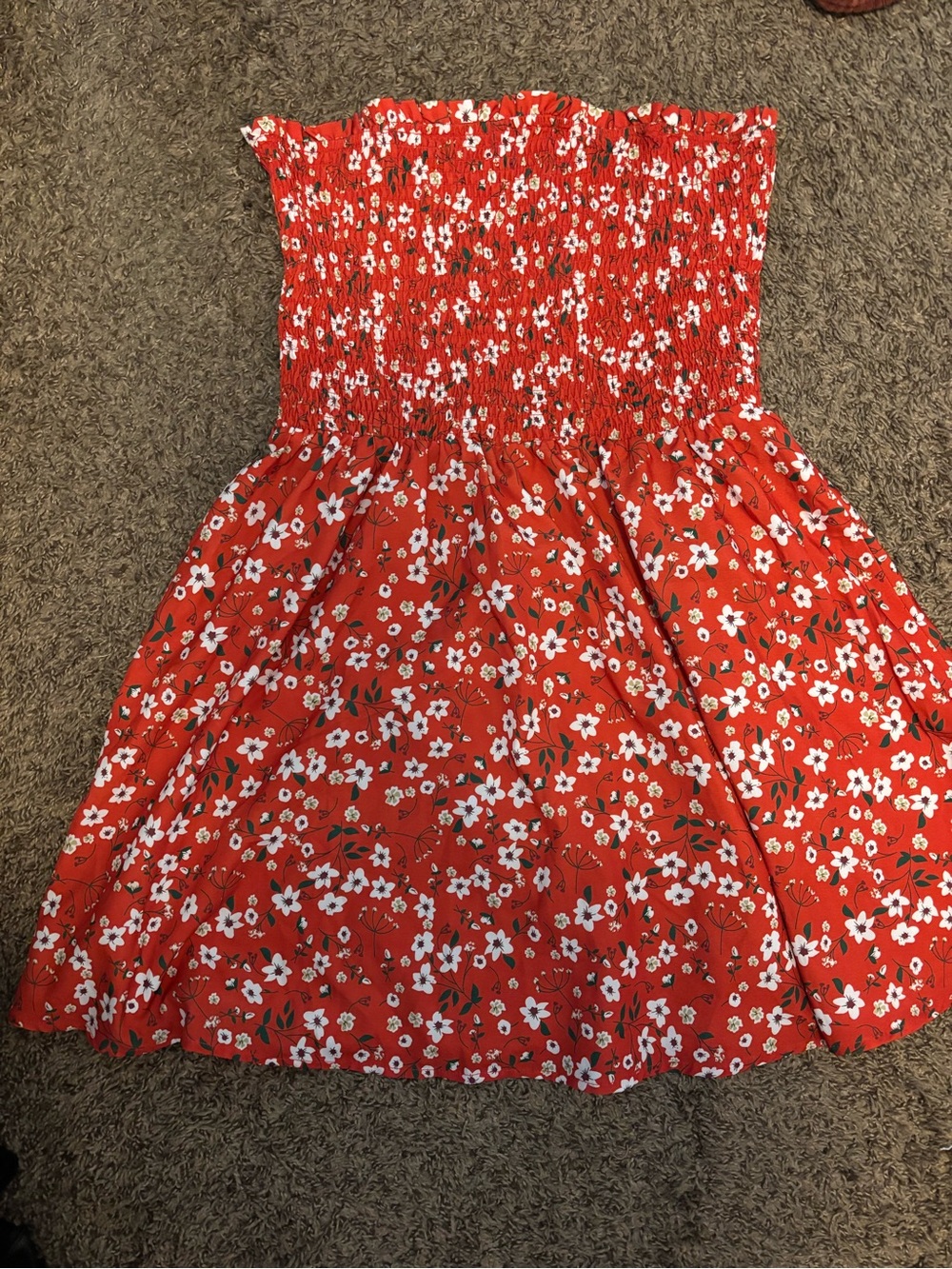 SHEIN Red and White Floral Smocked Tube Dress